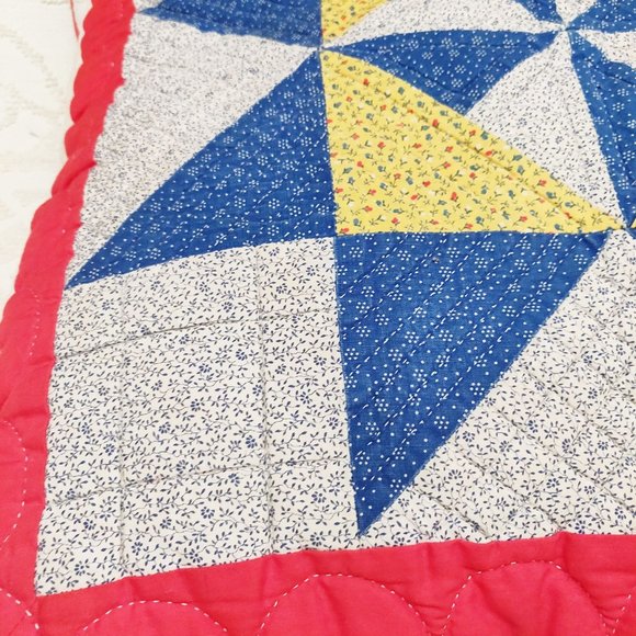 Vintage Quilt Block Pillows PAIR 2 in Primary Blue Yellow Red Stars Calico Flora - Picture 4 of 9